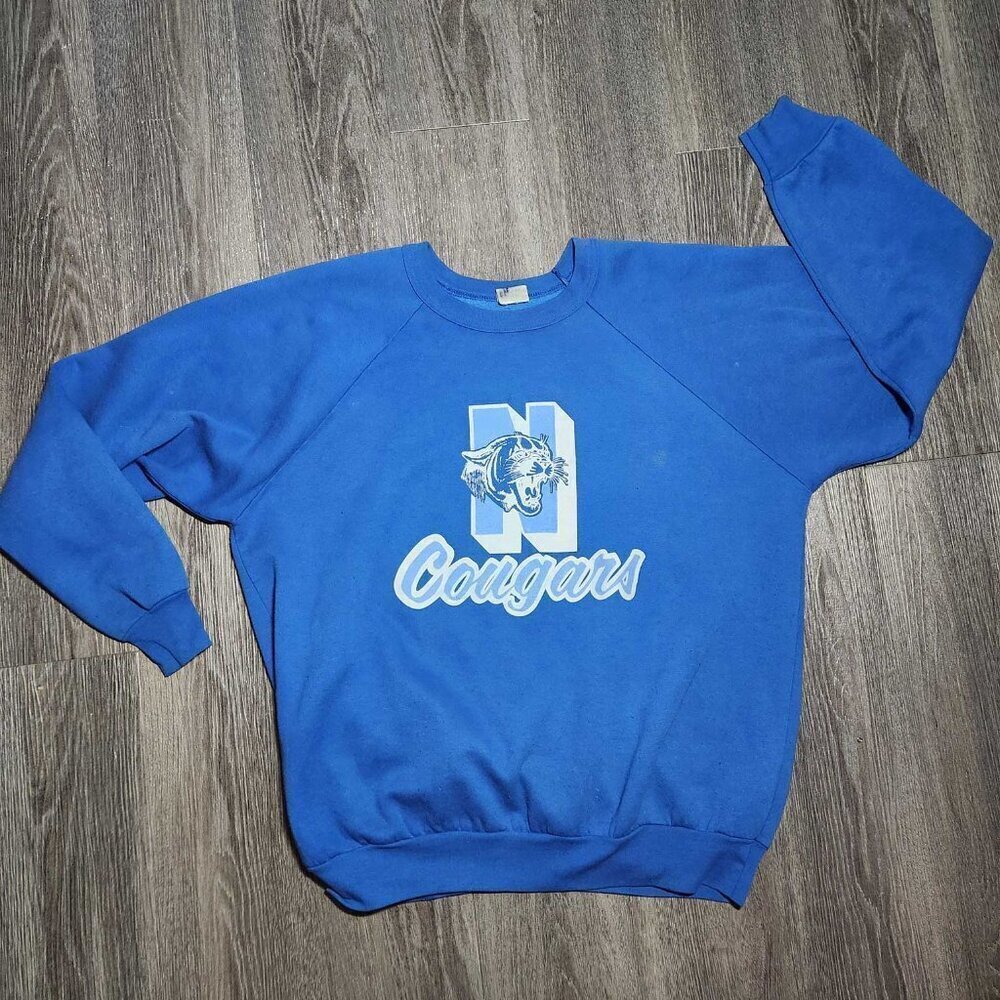 Vintage 60s Blue and White Cougars high school sports team crewneck sweater - Picture 8 of 12